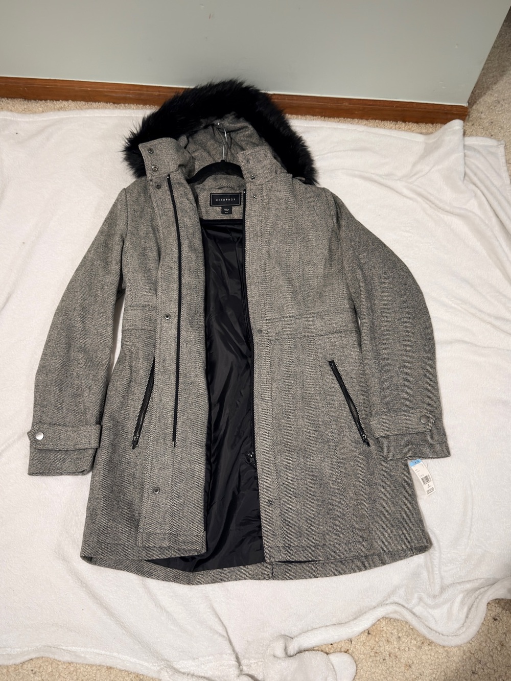 Metaphor Gray Hooded Pea Coat with Black Faux Fur Trim